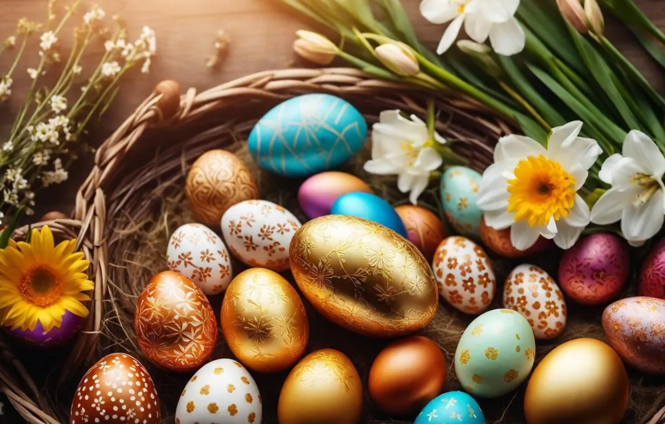 Photo wallpaper flowers, eggs, spring, colorful, Easter, flowers, spring, Easter
