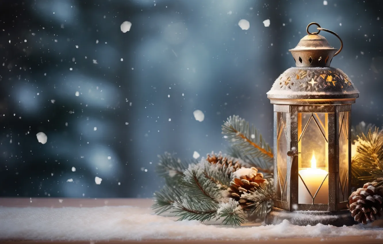 Photo wallpaper winter, snow, night, new year, Christmas, lights, Christmas, night