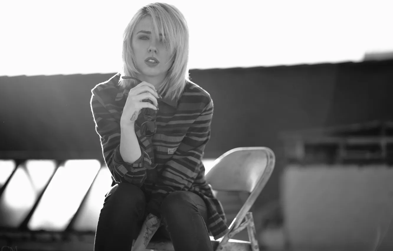 Photo wallpaper girl, woman, model, chair, tattoo, black and white, blonde, tattoos