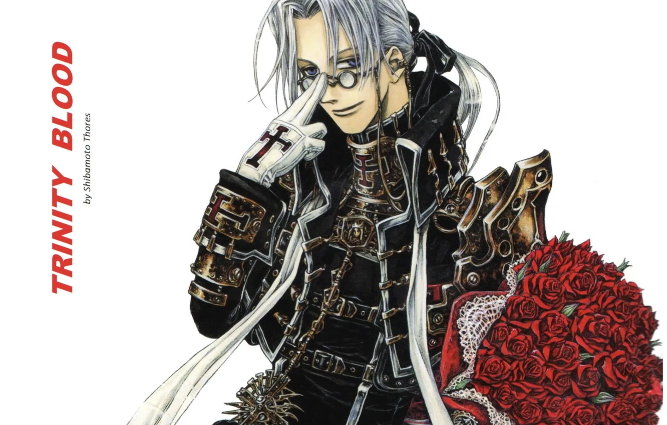 Photo wallpaper cross, bouquet, gloves, trinity blood, military uniform, Abel Nightroad, Trinity blood, red roses