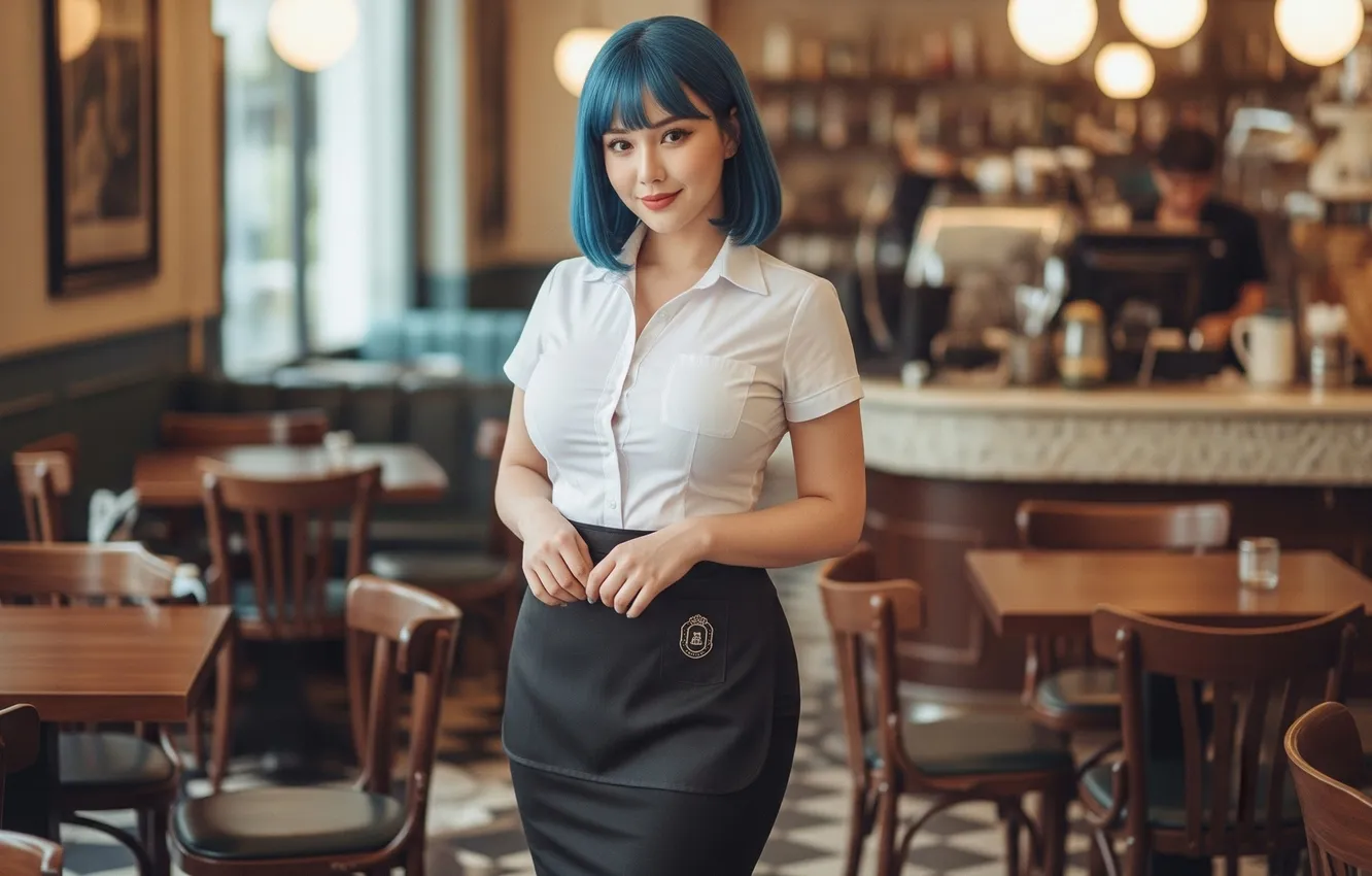 Photo wallpaper dress, asian, smiling, shirt, restaurant, blue hair, waitress, AI Art