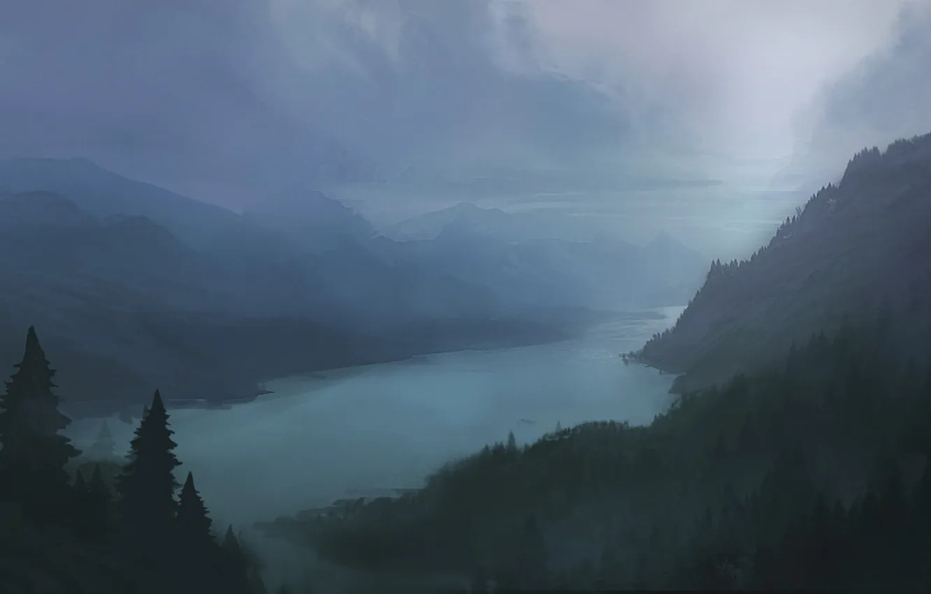 Photo wallpaper forest, water, night, nature, lake, hills, spruce, art