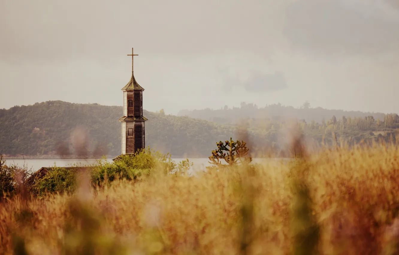 Photo wallpaper grass, lake, tower, cross, hill, Church