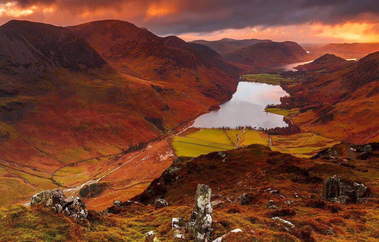 Photo wallpaper sunset, mountains, clouds, lake, valley