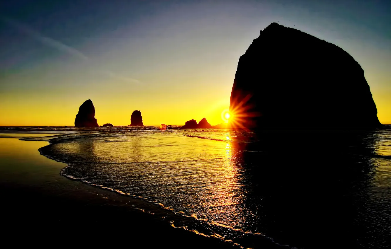 Photo wallpaper sea, the sky, clouds, sunset, stones, rocks, shore, tide