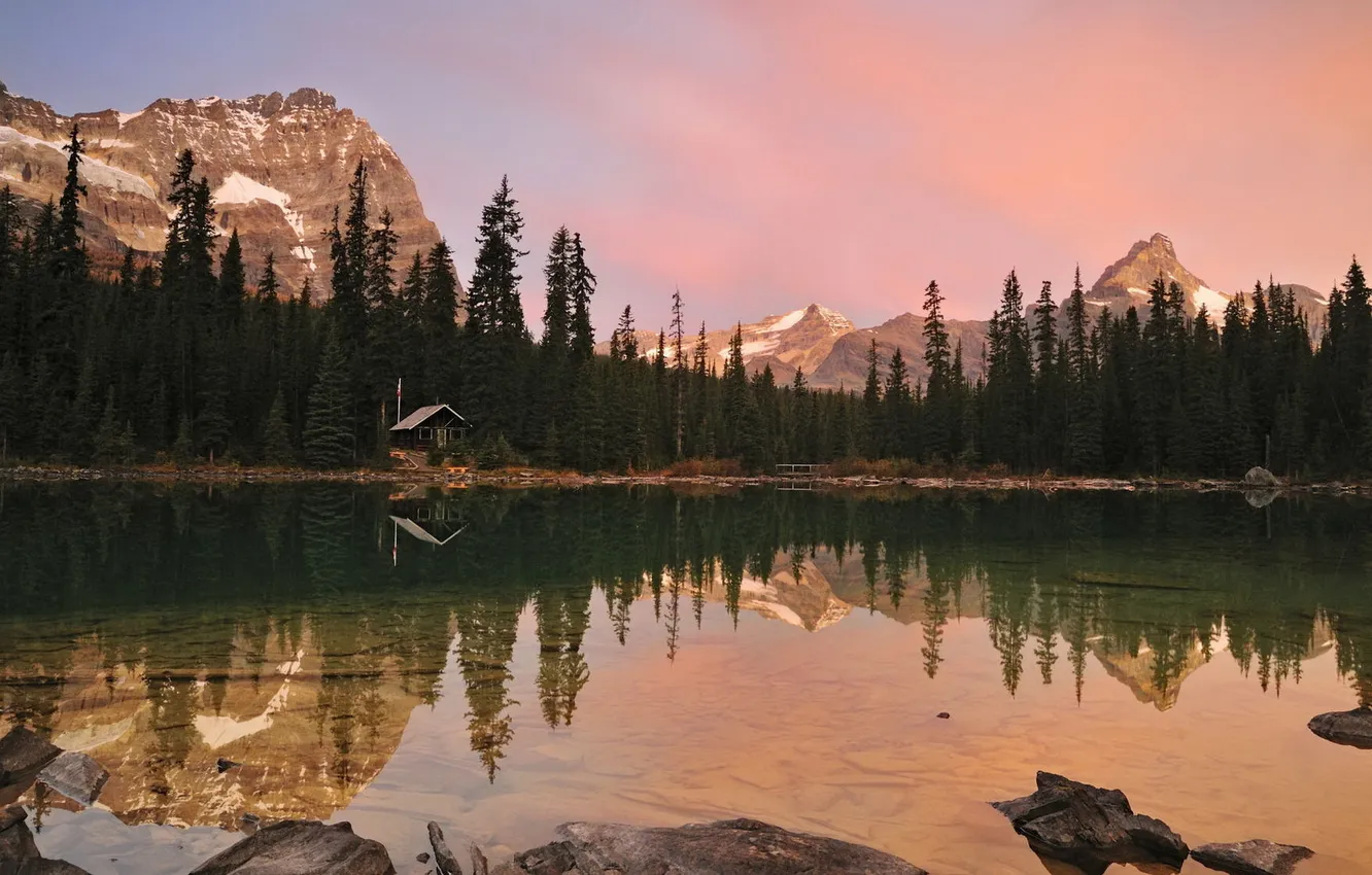 Photo wallpaper mountains, lake, stones, dawn, tree, house