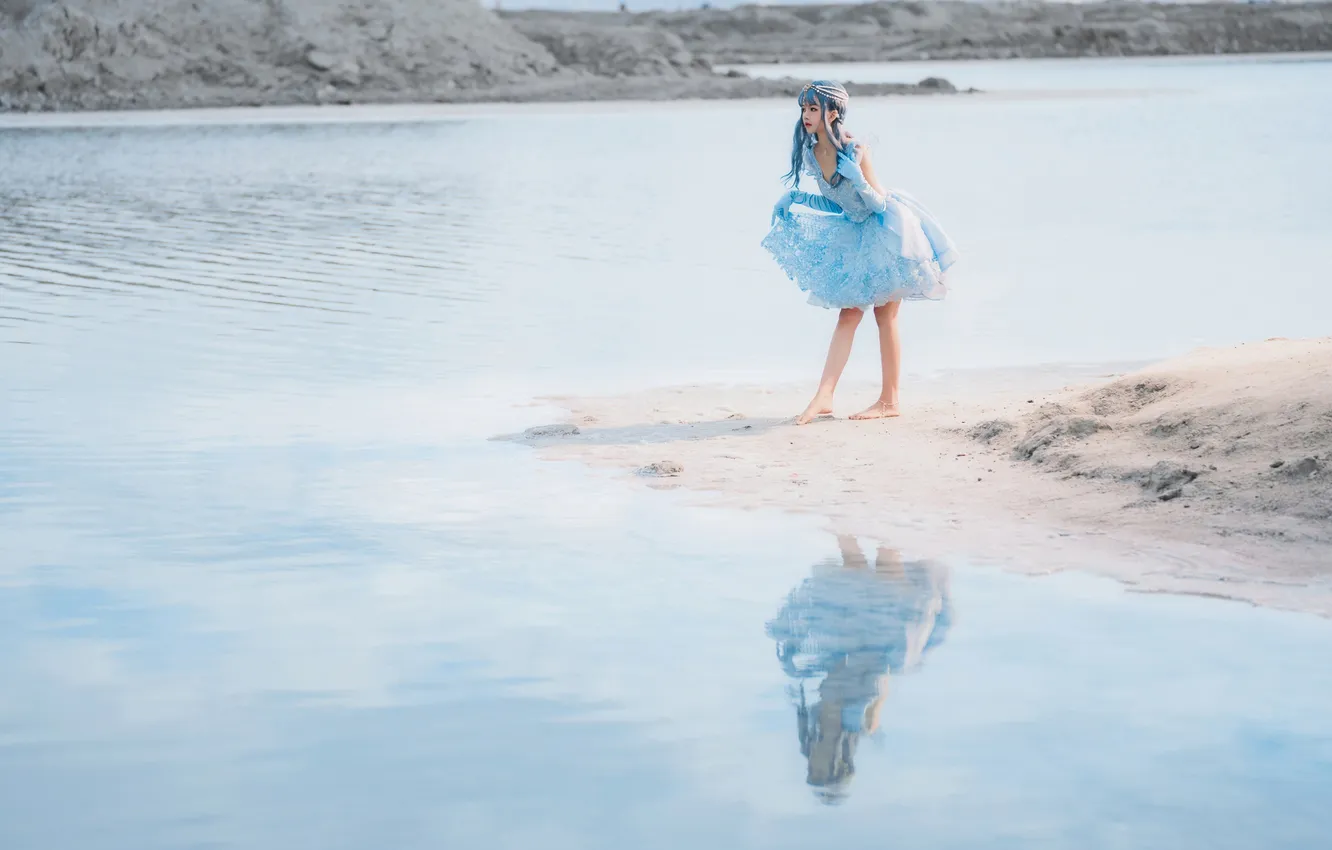 Photo wallpaper woman, water, beautiful, mountain, lake, model, pretty, hills