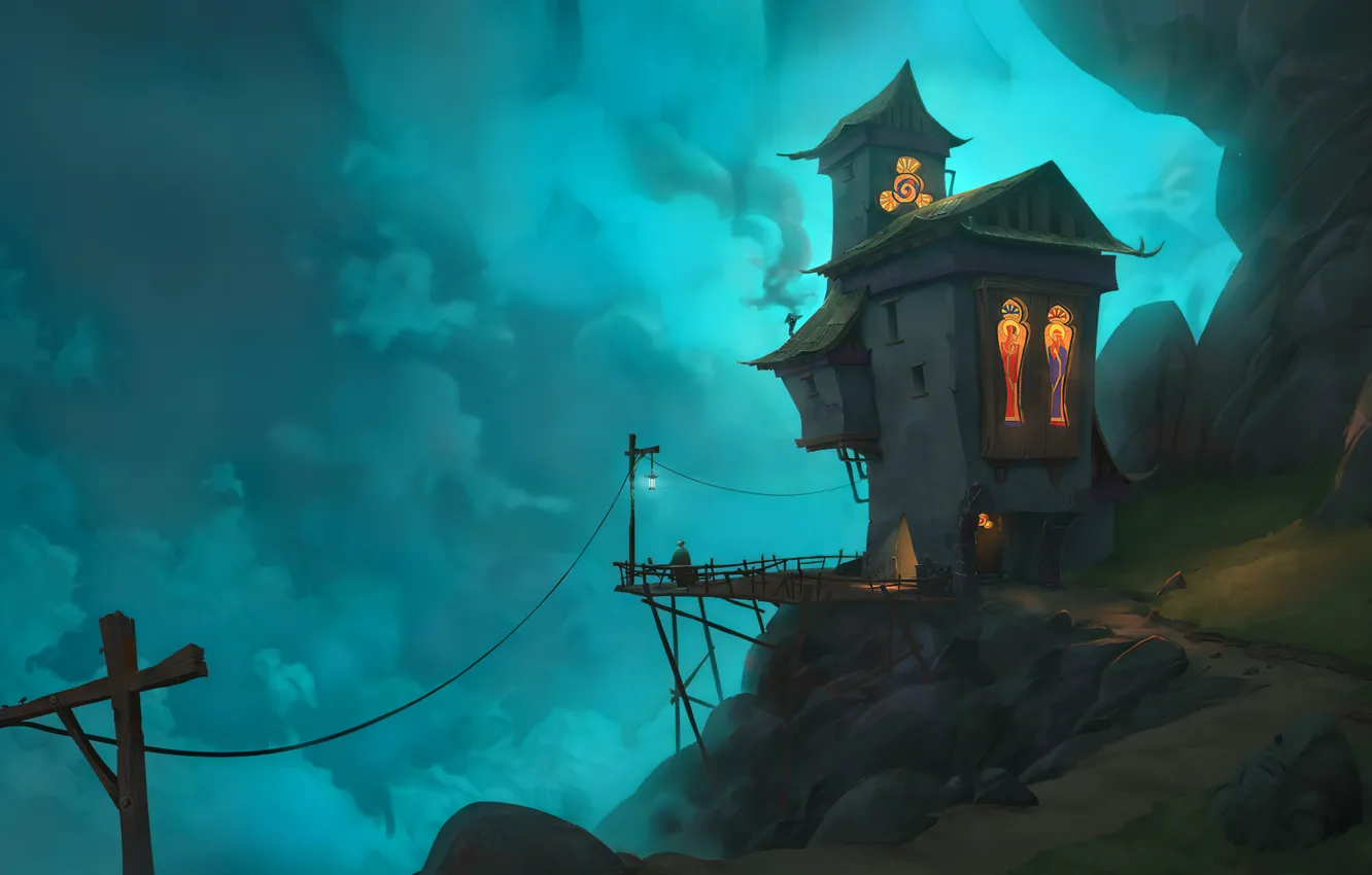 Photo wallpaper fantasy, figure, evening, waterfall, digital art, artwork, cottage, fantasy art