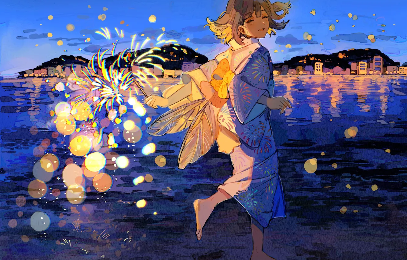 Photo wallpaper sea, the city, the evening, girl, laughs, Sparkler