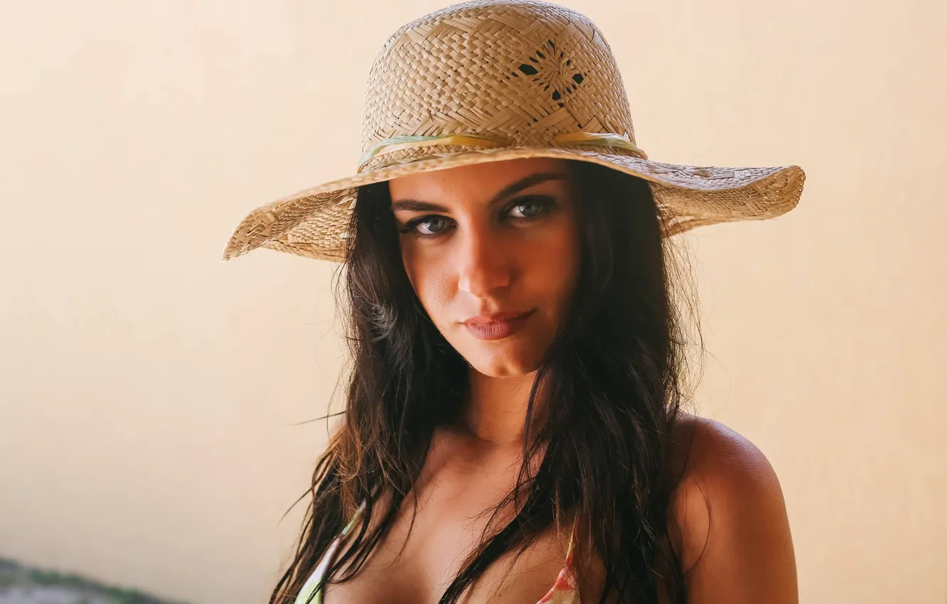 Photo wallpaper look, girl, face, background, portrait, hat, brunette, blue-eyed