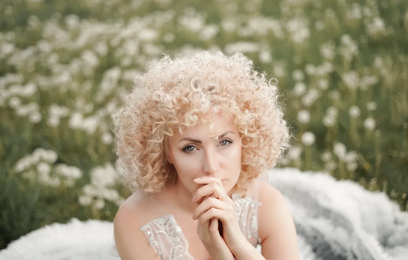 Photo wallpaper field, look, girl, nature, dress, blonde, dandelions, curls