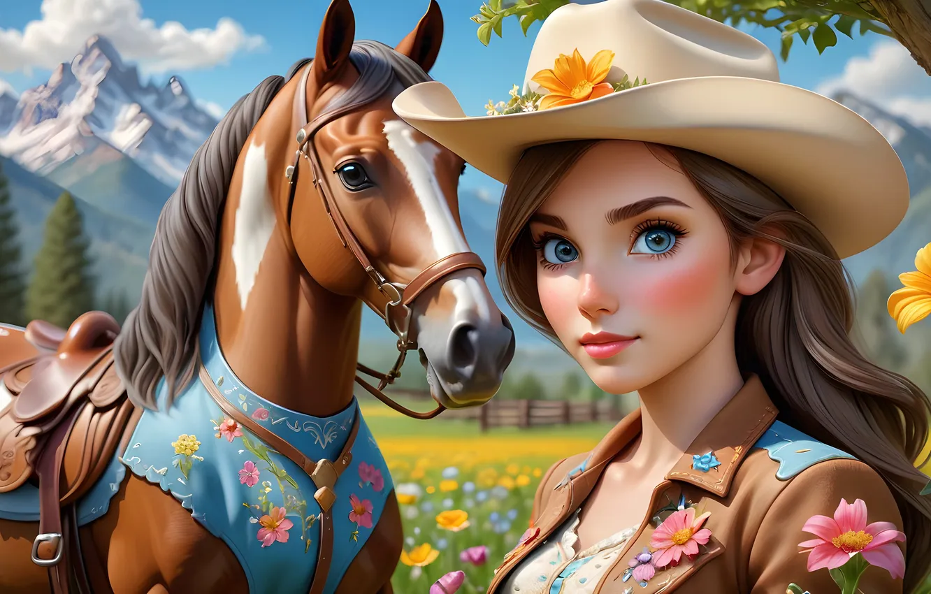 Photo wallpaper field, summer, look, girl, mountains, horse, horse, portrait