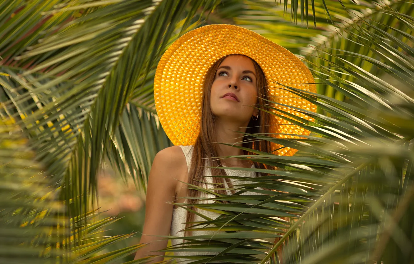Photo wallpaper look, leaves, girl, palm trees, hat, dress, brown hair, Irina Kharitonova