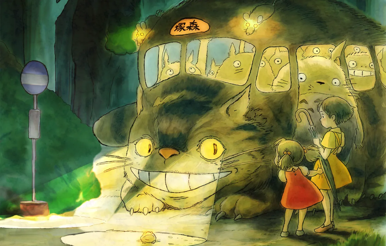 Photo wallpaper Hayao Miyazaki, Satsuki, Mei, The cat bus, My neighbor Totoro
