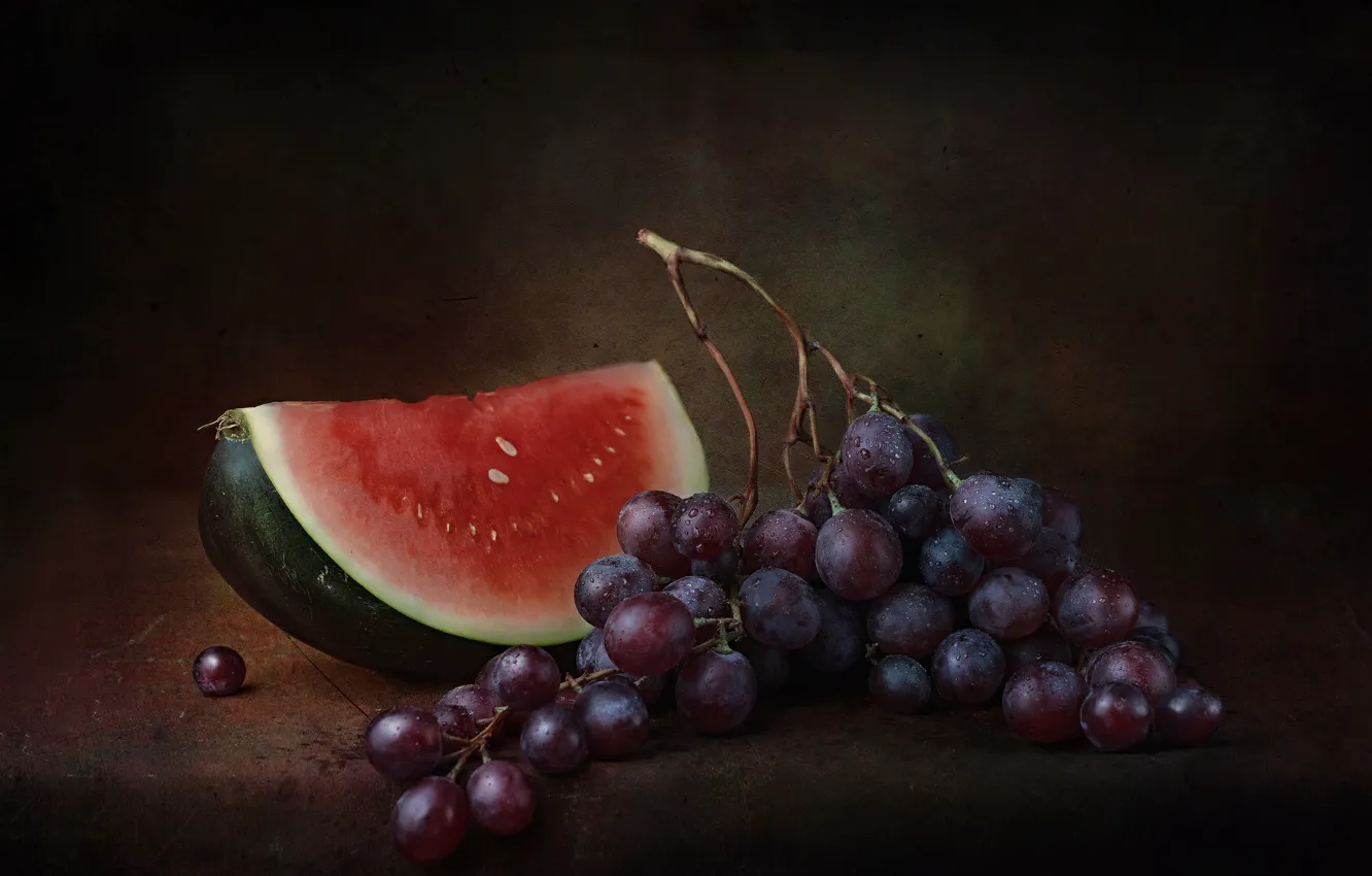 Photo wallpaper the dark background, table, watermelon, grapes, still life, slices, bunch of grapes