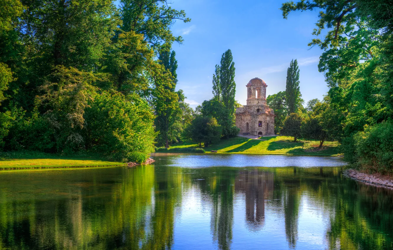 Photo wallpaper the sky, trees, pond, Park, tower, home