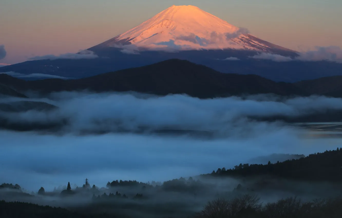 Photo wallpaper forest, the sky, clouds, landscape, mountains, hills, the volcano, Japan