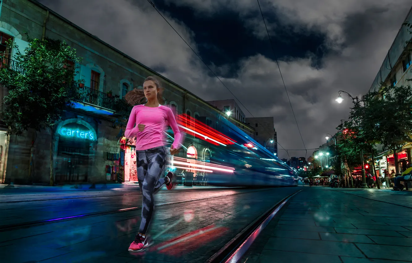 Photo wallpaper girl, night, the city, running, Night running