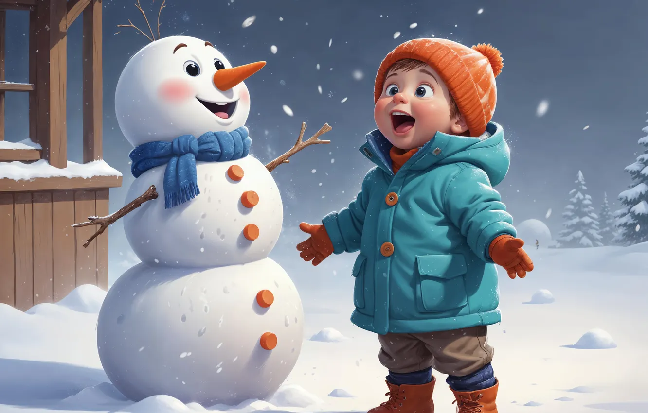 Photo wallpaper winter, snow, joy, new year, boy, Christmas, snowman, two