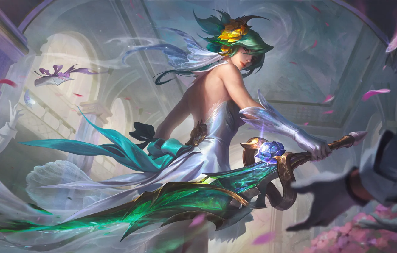 Photo wallpaper weapons, the game, hall, green hair, characters, League of Legends, LoL, League Of Legends