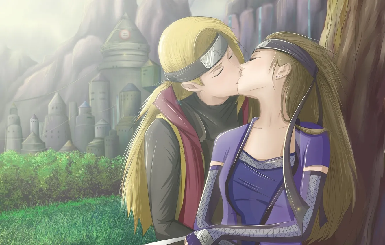 Photo wallpaper girl, nature, kiss, hugs, headband, guy, Naruto, Naruto