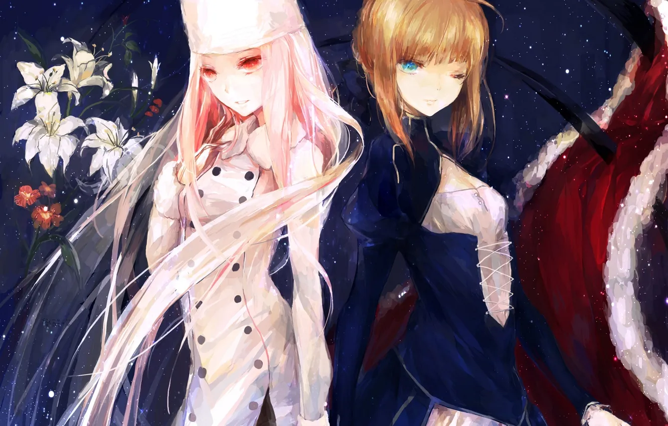 Photo wallpaper girl, stars, flowers, night, anime, art, Fate Stay Night, saber
