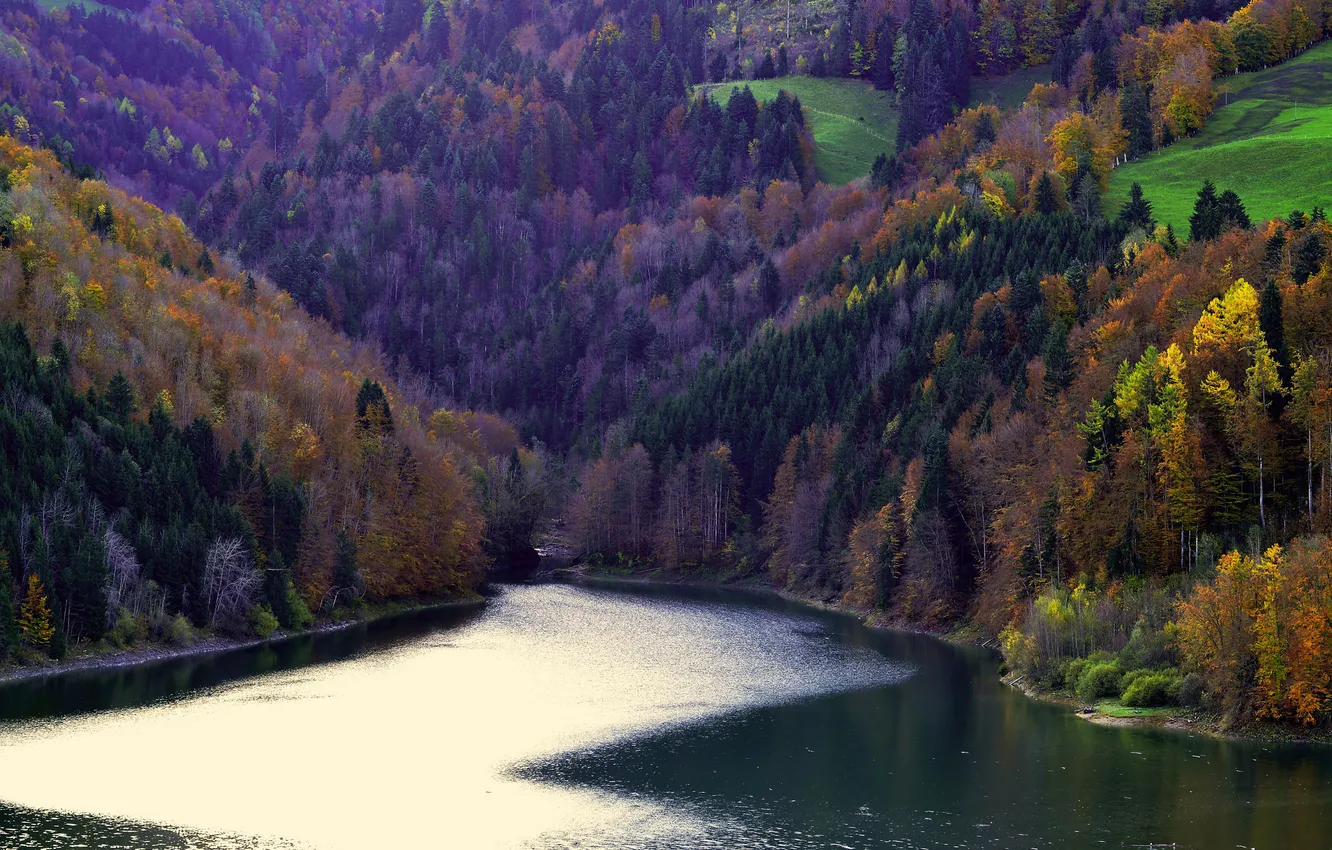 Photo wallpaper autumn, trees, mountains, lake, slope