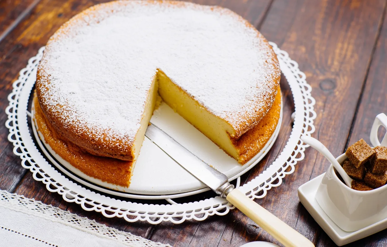 Photo wallpaper pie, knife, sugar, cakes, powdered sugar, Lemon