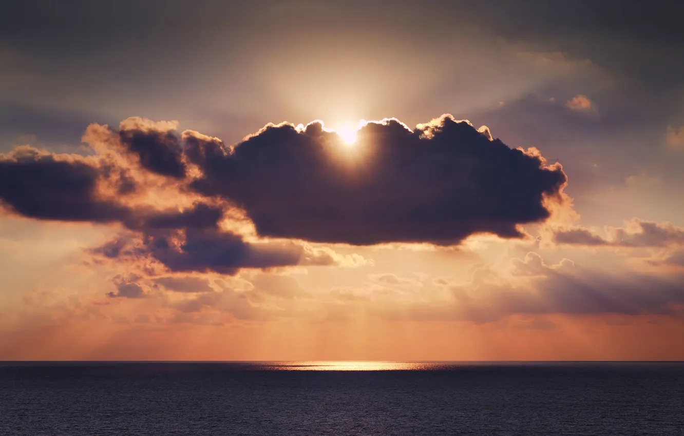 Photo wallpaper sea, the sky, the sun, clouds, reflection, mirror, horizon
