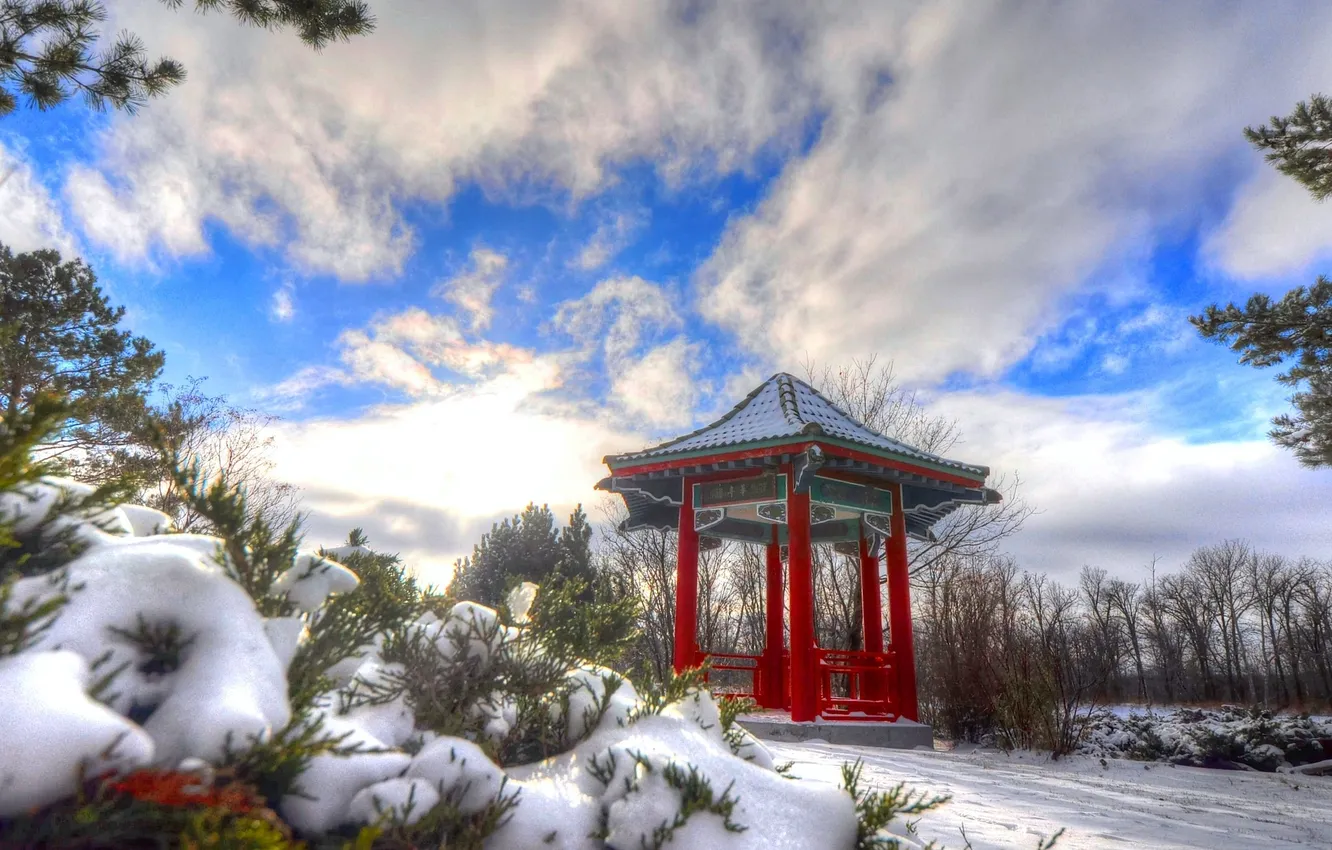 Photo wallpaper winter, the sky, snow, gazebo