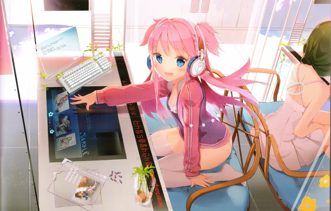 Photo wallpaper computer, headphones, characters, keyboard, blue eyes, on my knees, pink hair, in a cafe