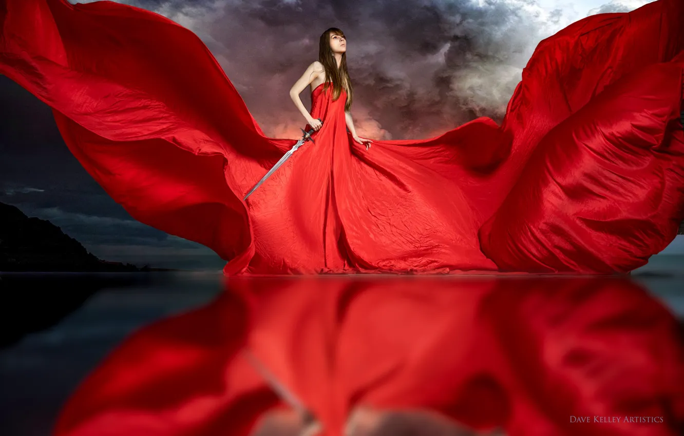 Photo wallpaper look, girl, red, sword, DAVE KELLEY