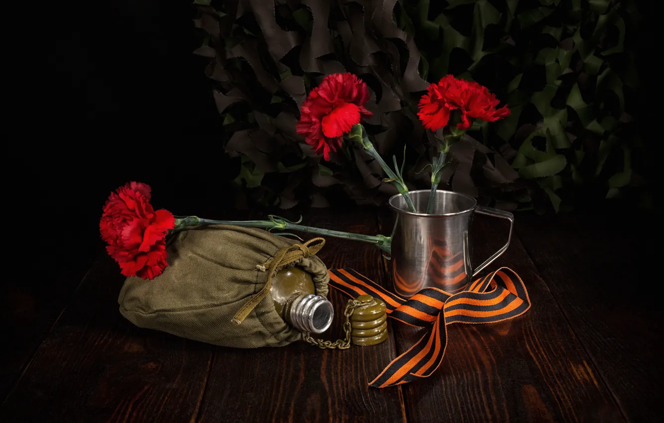 Photo wallpaper flowers, mug, clove, Victory Day, jar, May 9, St. George ribbon