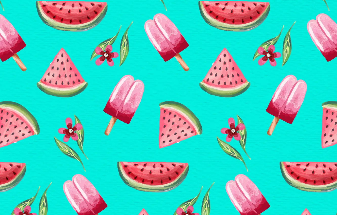 Photo wallpaper leaves, flowers, texture, watermelon, pattern, ice cream, fruit, slices