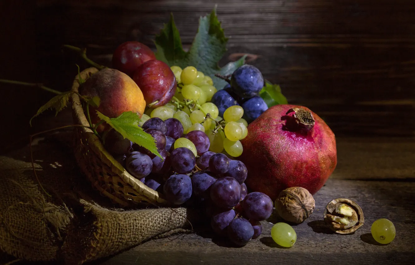 Photo wallpaper grapes, fruit, nuts, still life, plum, burlap, garnet
