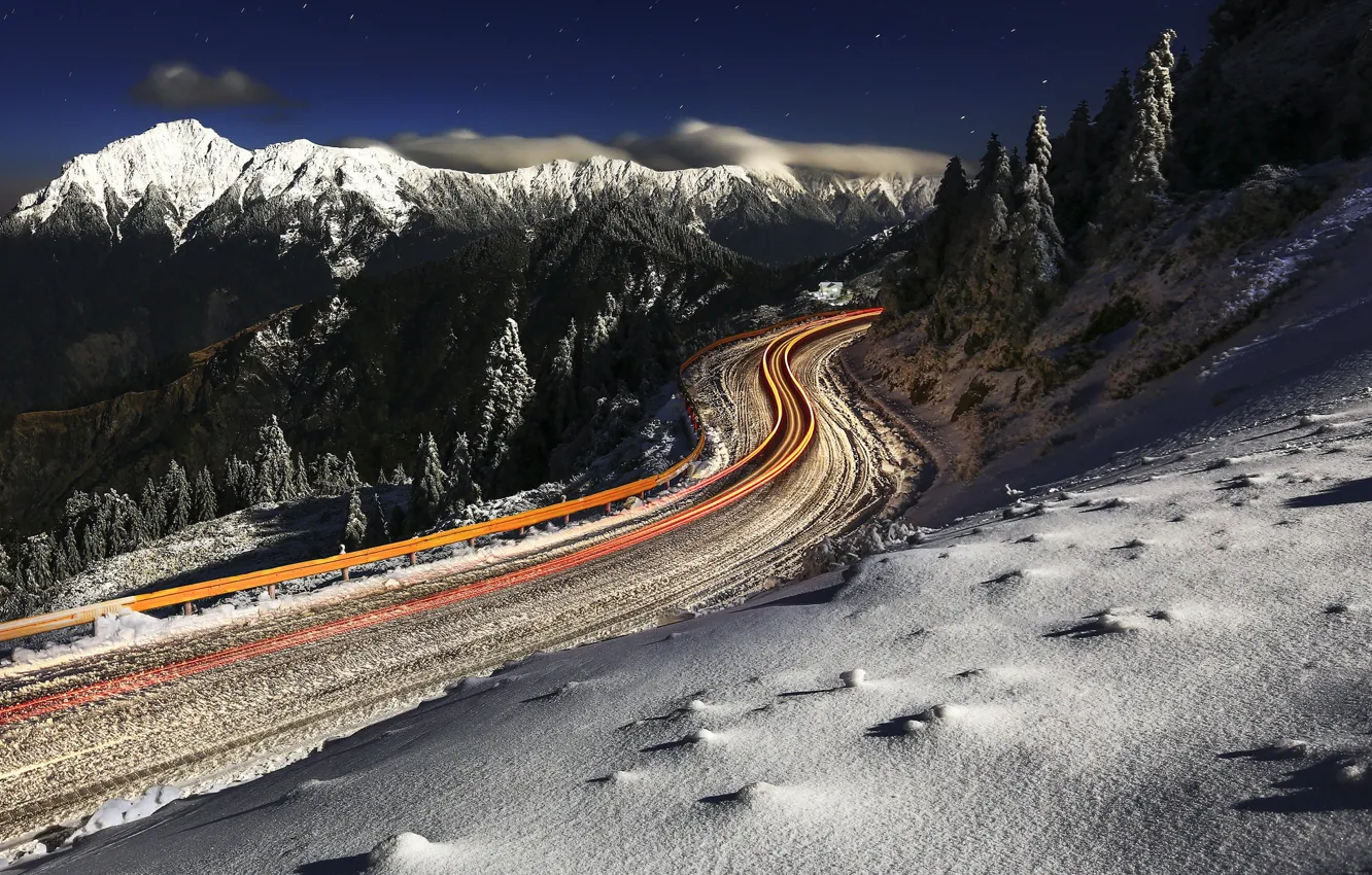 Photo wallpaper winter, road, mountains, lights