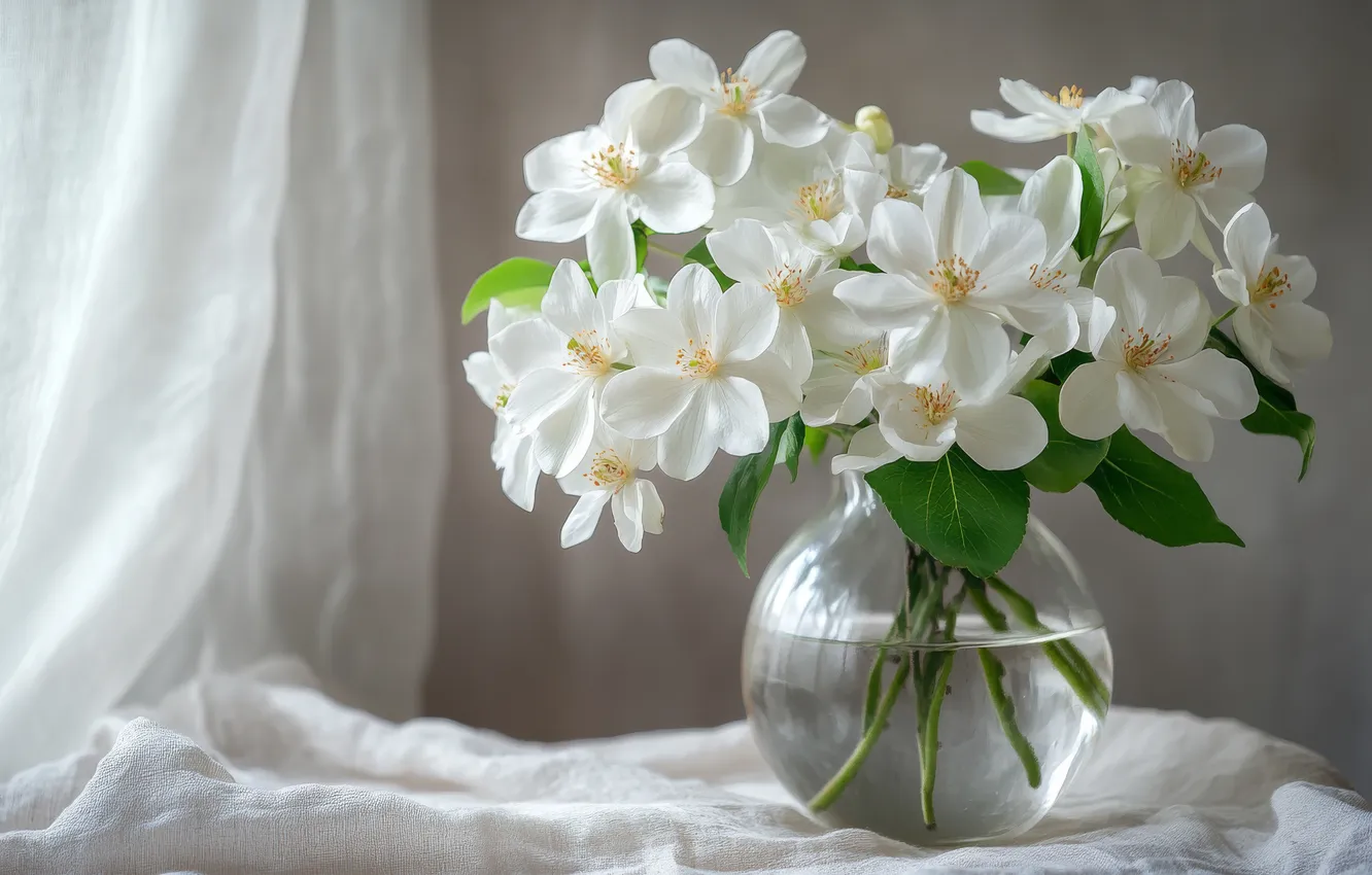 Photo wallpaper water, flowers, branches, wall, bouquet, window, curtains, vase