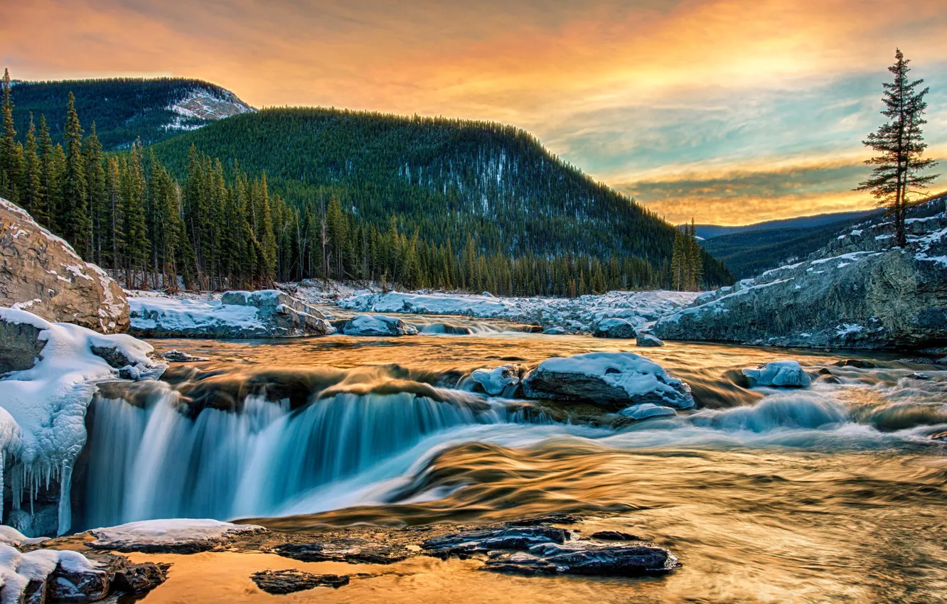 Photo wallpaper forest, sunset, mountains, nature, river, waterfall, Canada