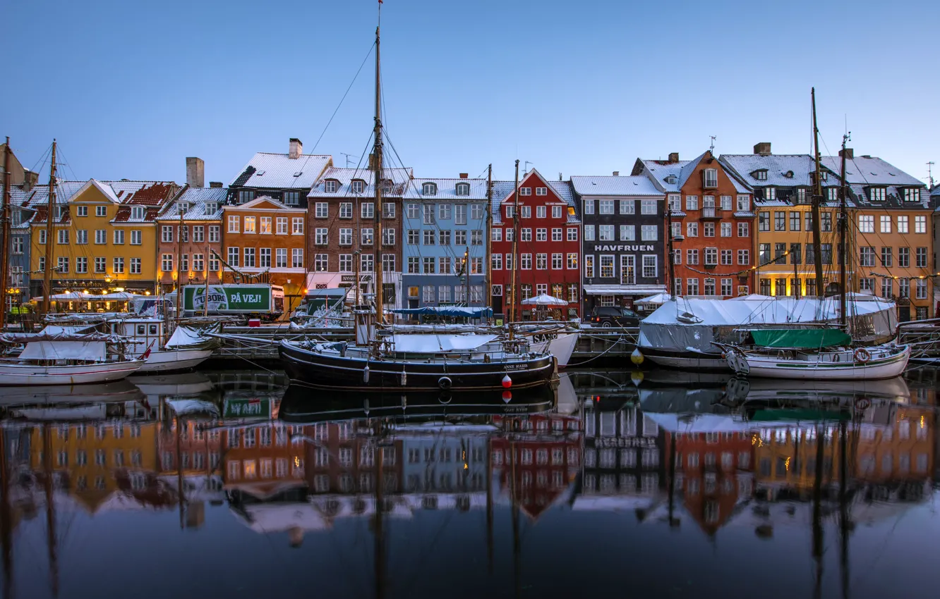 Photo wallpaper reflection, building, boats, Denmark, channel, promenade, court, Denmark