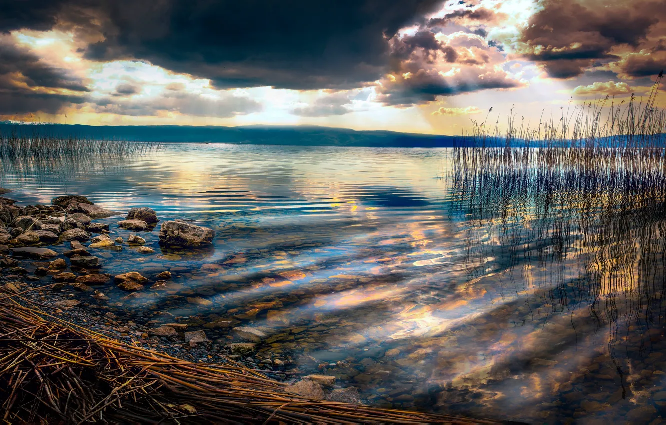 Photo wallpaper the sky, clouds, clouds, lake, the reeds, stones, shore, Macedonia