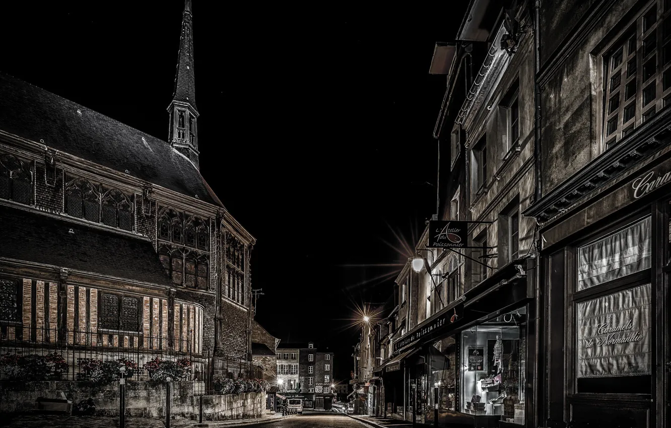 Photo wallpaper night, street, France, home, Normandy, Honfleur