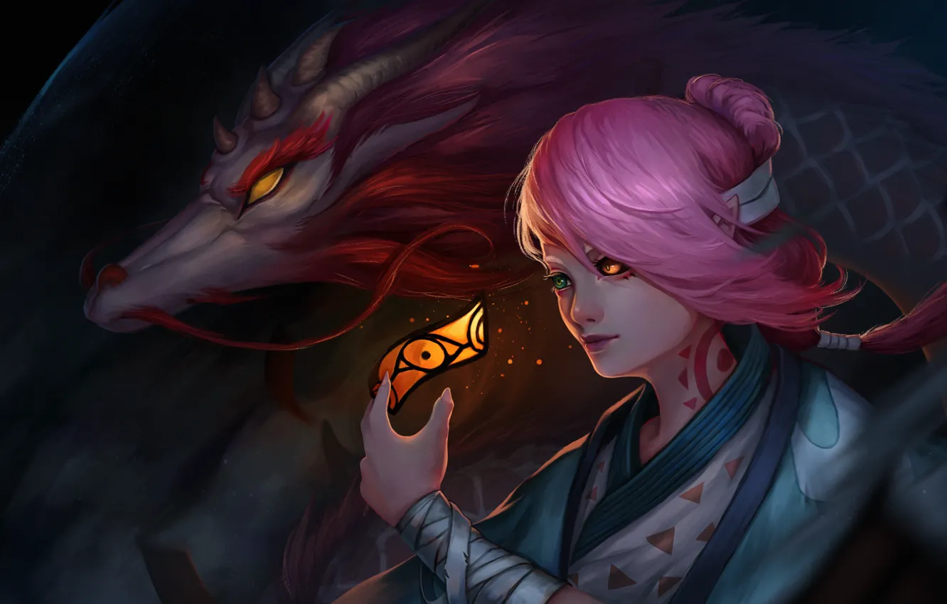 Photo wallpaper girl, dragon, the game, snake, art, onmyoji