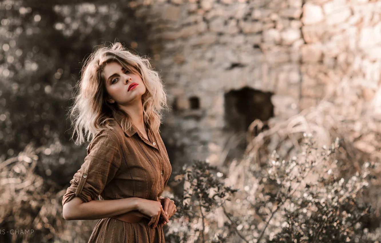 Photo wallpaper look, pose, background, model, portrait, makeup, dress, hairstyle