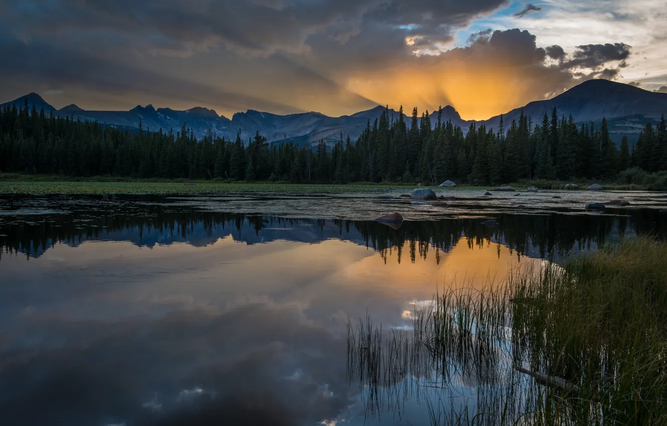 Photo wallpaper Sunset, Water, Nature, Reflection, Mountains, Grass, Lake, Trees