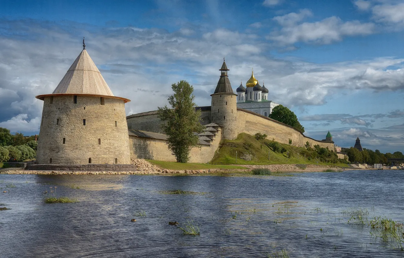 Photo wallpaper landscape, nature, the city, river, fortress, Pskov, Chrome