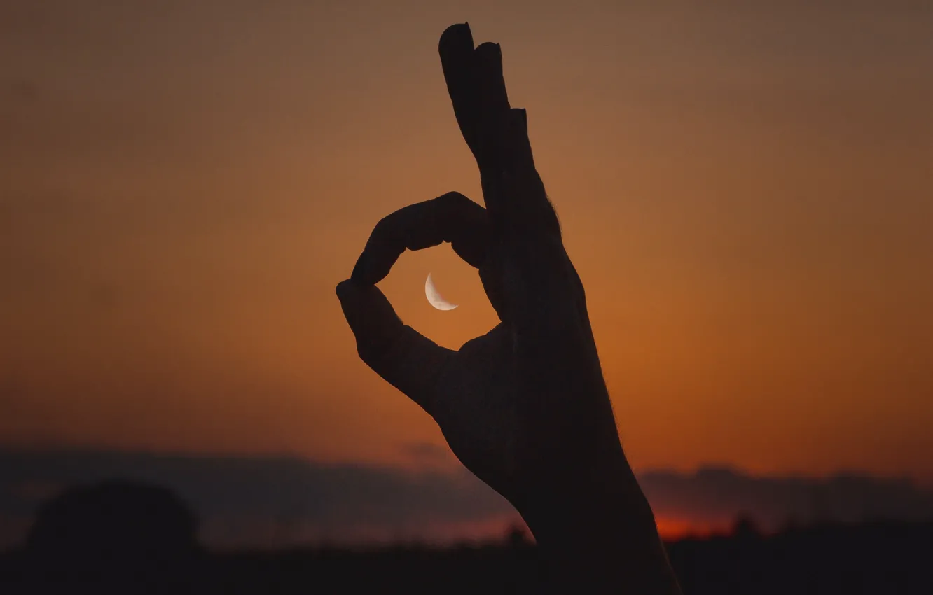 Photo wallpaper NIGHT, The MOON, SIGN, HAND, FINGERS, SILHOUETTES, PALM, OK)