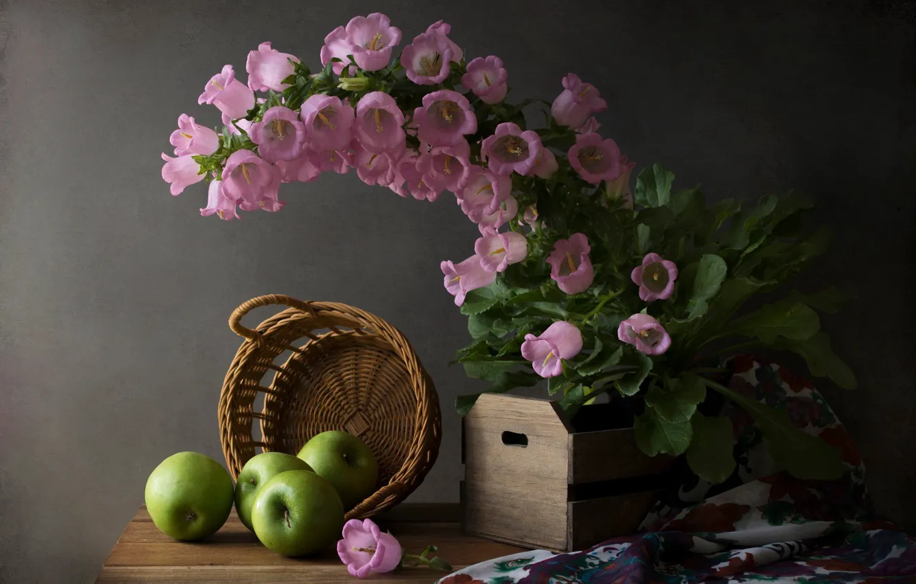 Photo wallpaper flowers, apples, fabric, fruit, still life, box, bells, basket