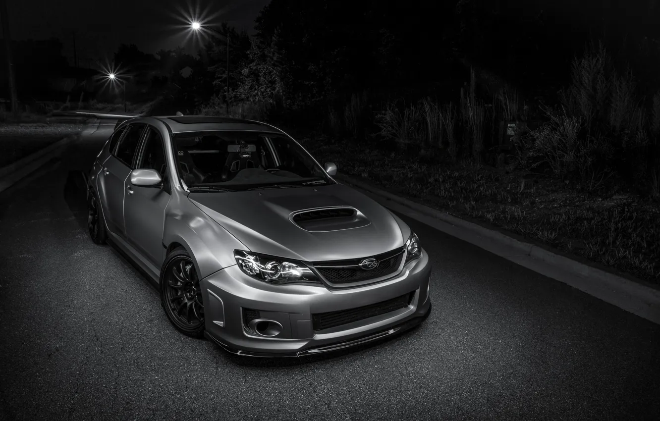 Photo wallpaper Subaru, light, silver, road, wrx, impreza, night, front