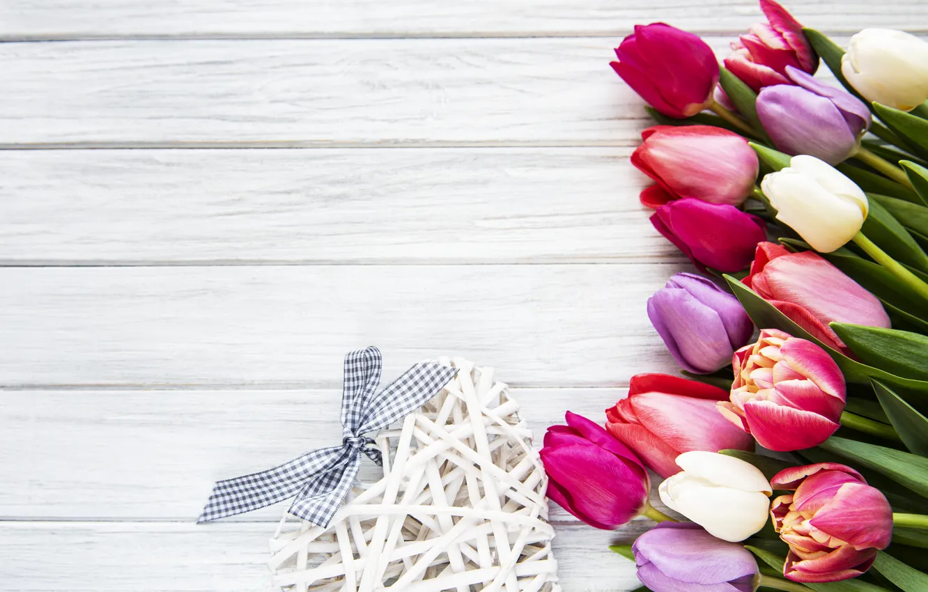 Photo wallpaper flowers, colorful, tulips, heart, wood, flowers, tulips, spring