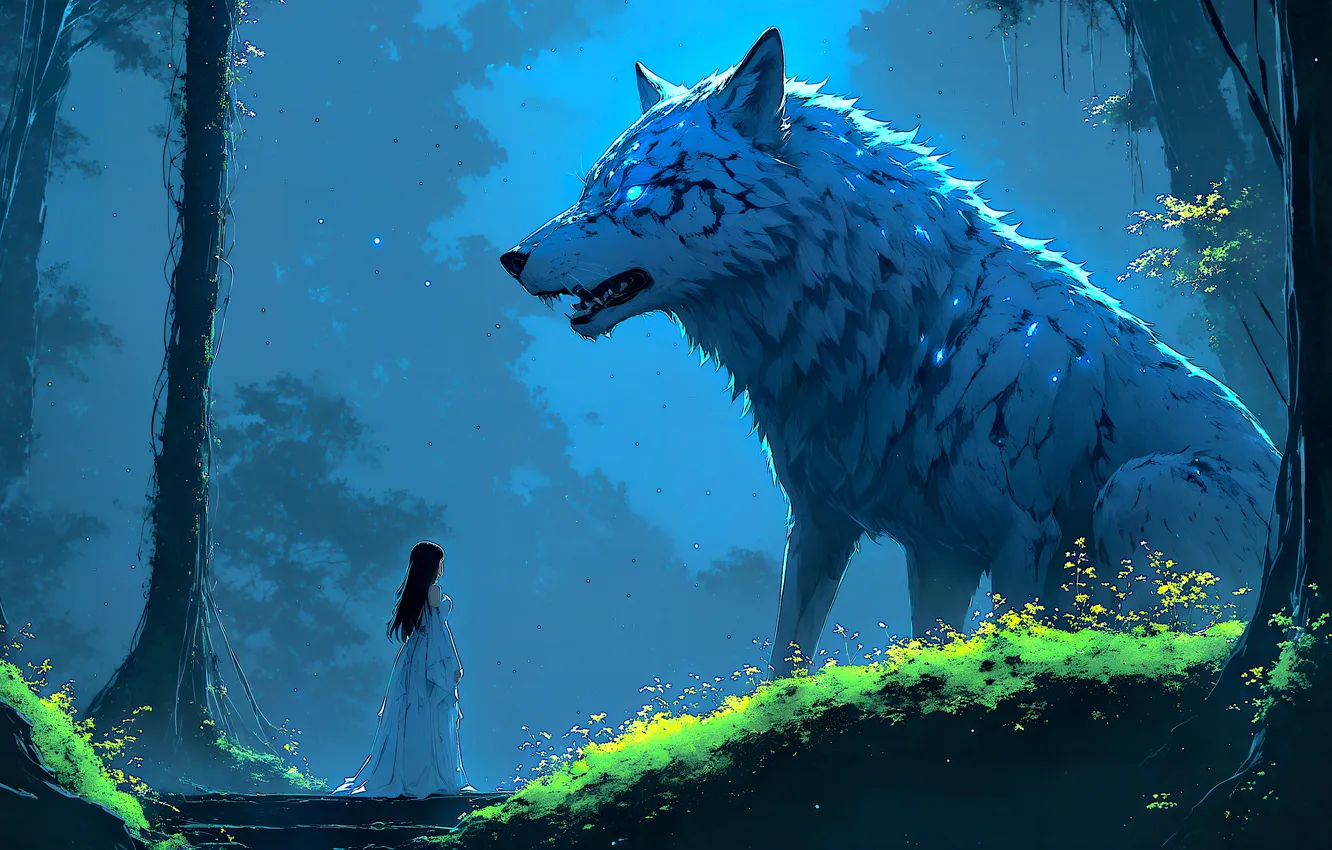 Photo wallpaper girl, fantasy, forest, magic, trees, night, Wolf, moonlight